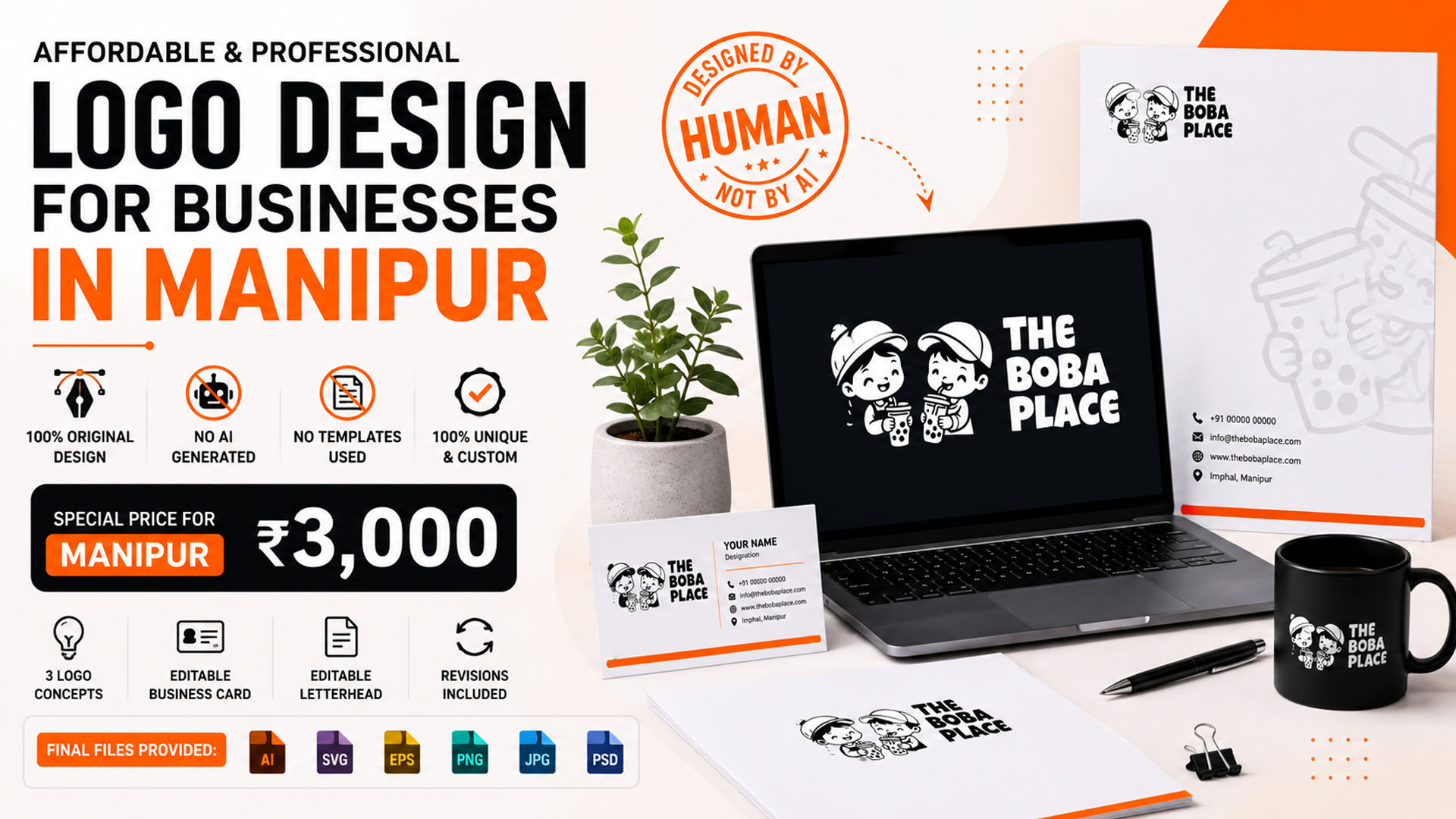 Get a professional logo design in Manipur for just ₹3,000. Includes 3 original logo concepts, editable business card, letterhead, AI, SVG, EPS, PNG, JPG and PSD files. No AI-generated logos. No templates. 100% custom design.