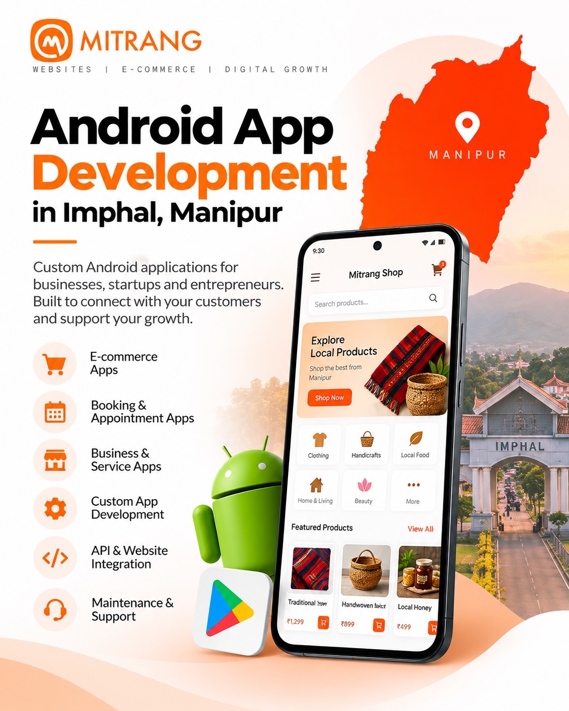 Mitrang Android app development in Imphal, Manipur, featuring a mobile shopping app and Manipur map